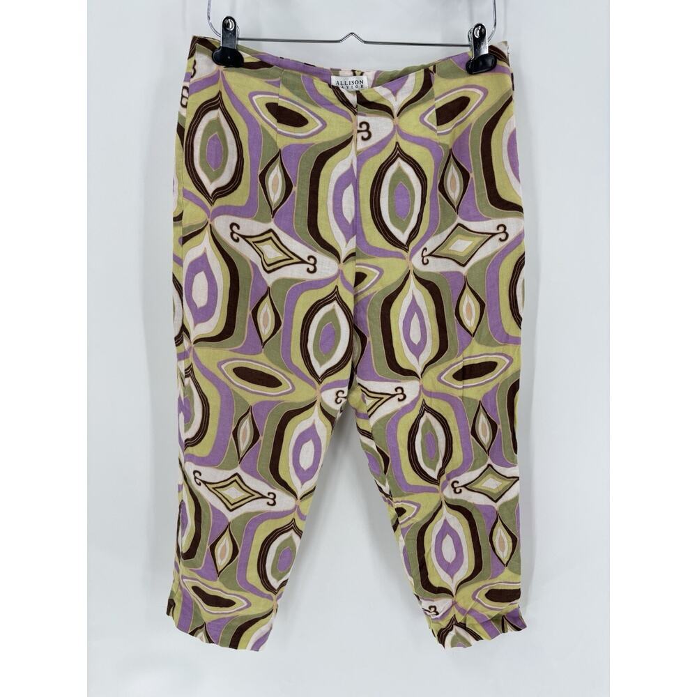 Allison Taylor Vintage Pants Womens 10 Green Purple Crop Psychedelic Retro Linen